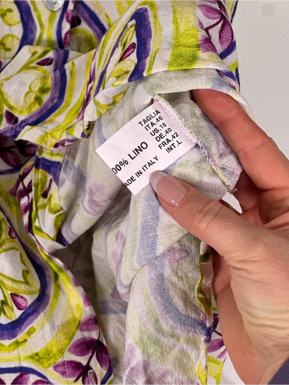 Made In Italy Shirt Dress Linen Medallion Print Green Purple Size 10 - Picture 6 of 10